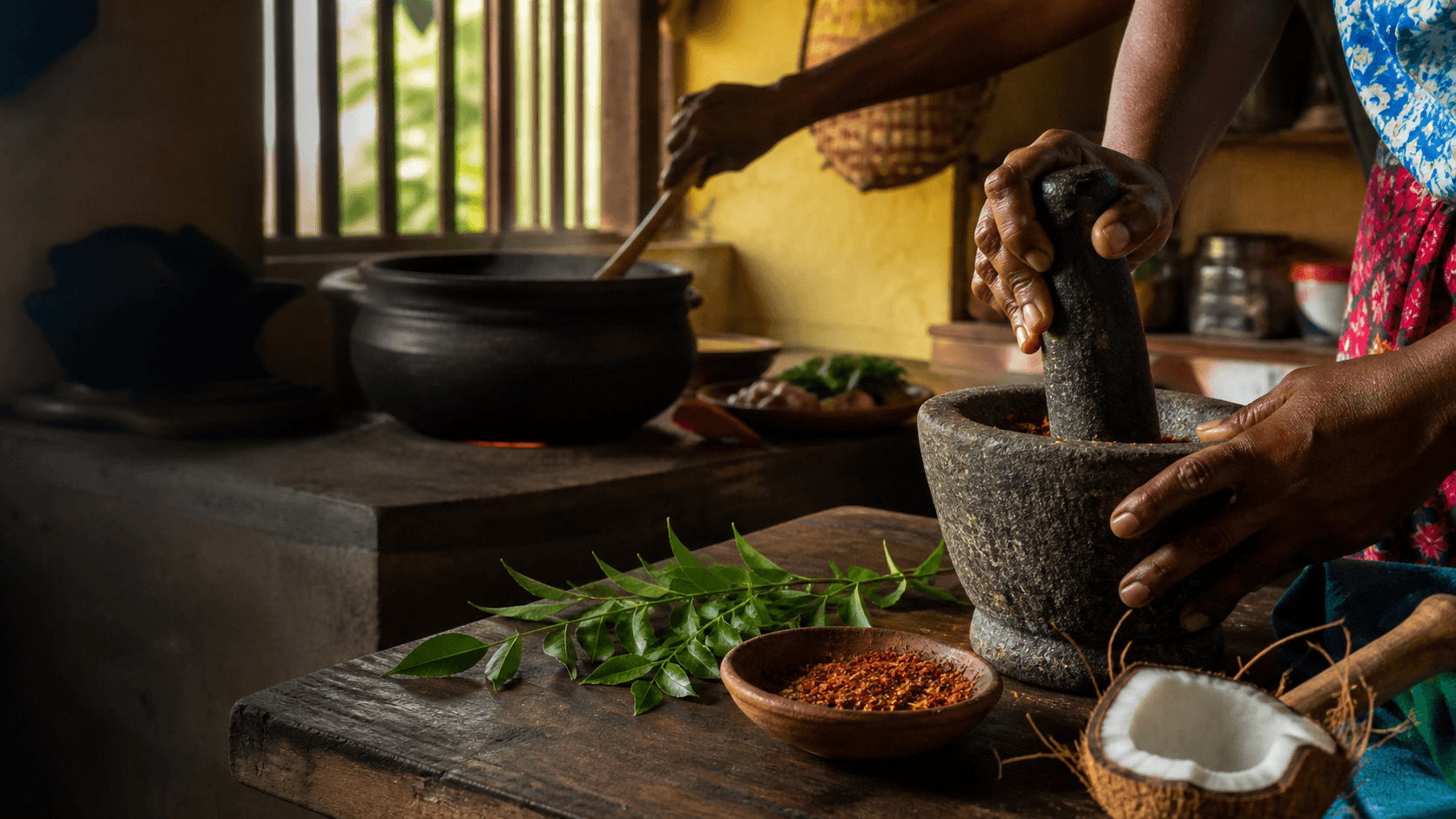 Hands preparing a curry in a home kitchen, with coconut, curry leaves and a clay pot