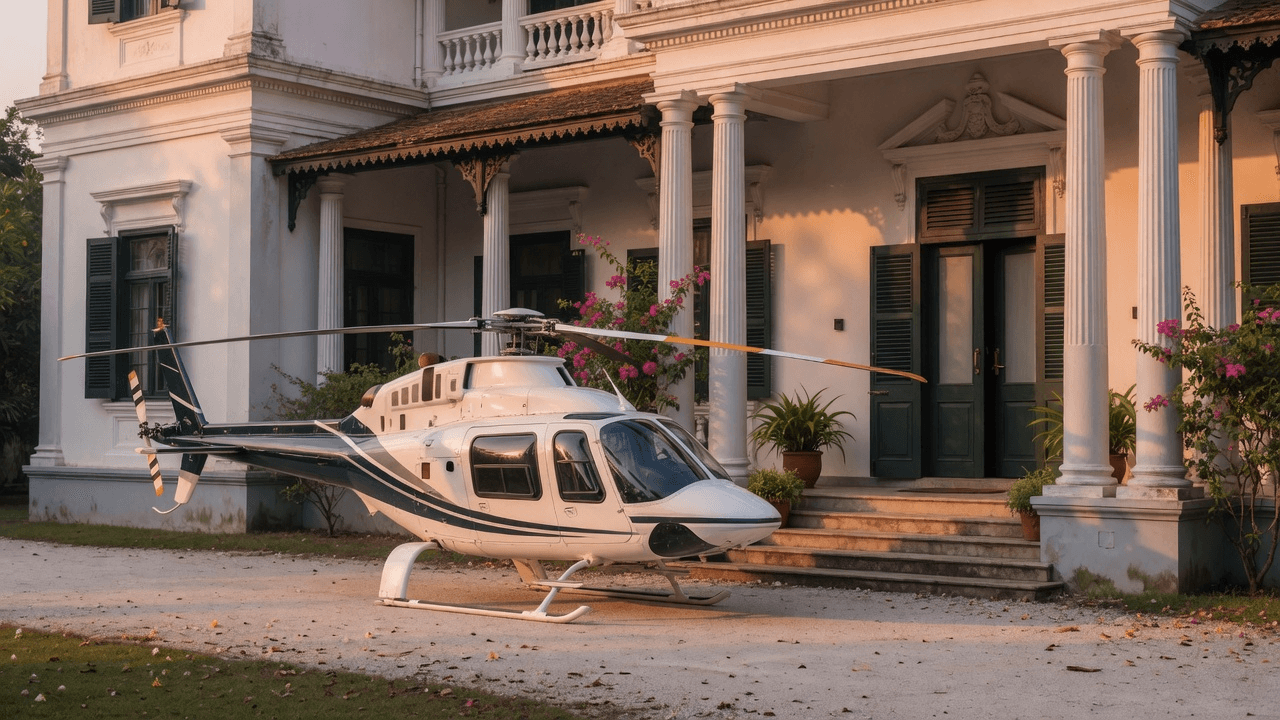 A private helicopter parked in front of a colonial estate house