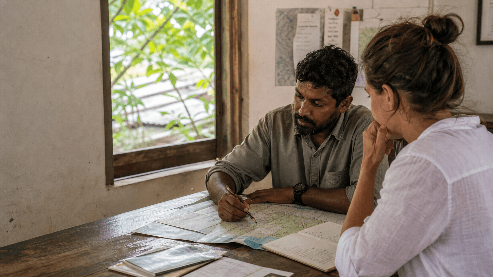 A Sri Lankan trip designer speaking with a traveller while annotating an itinerary map