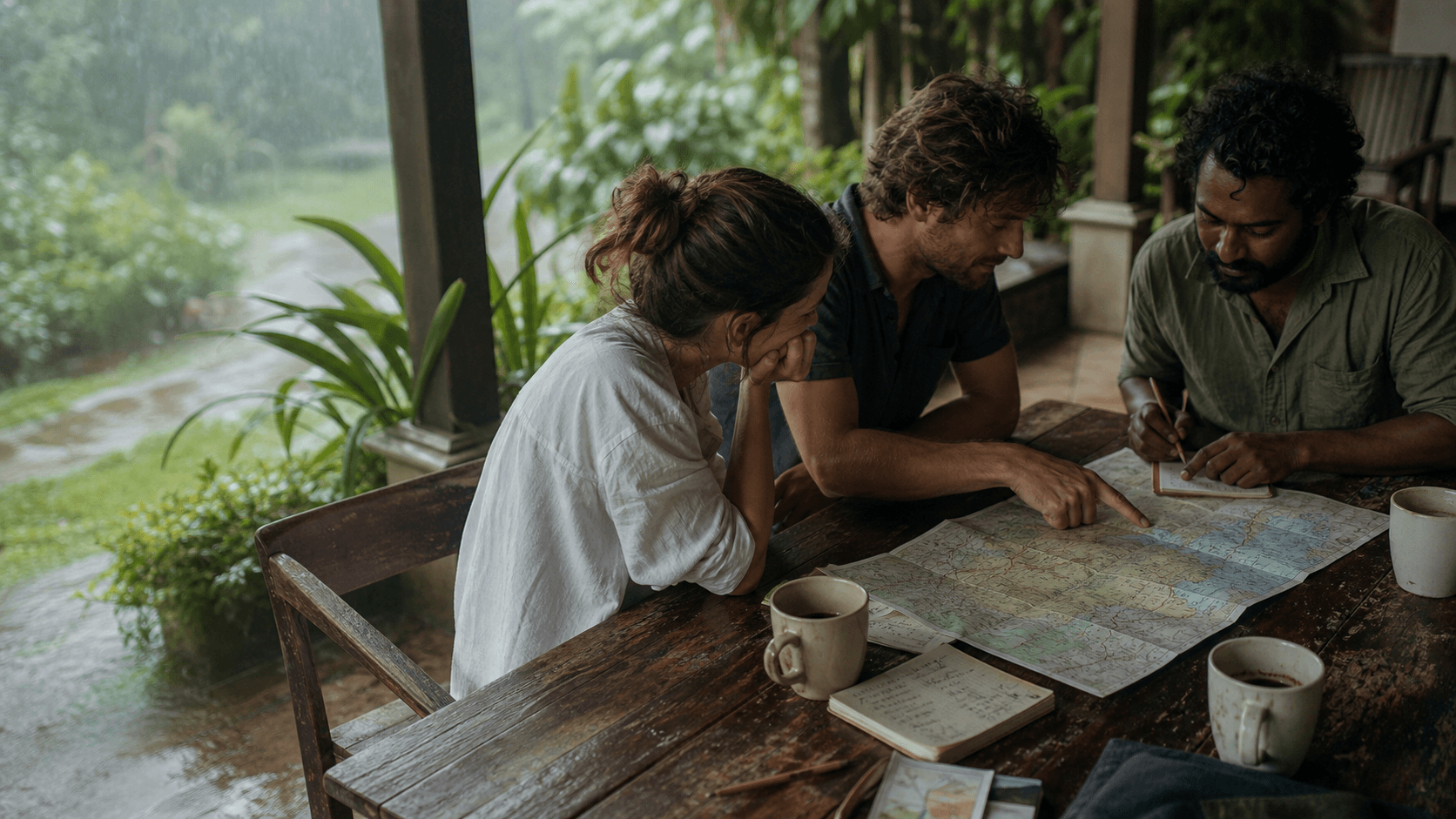 A trip designer and travellers building a Sri Lanka route together over a paper map