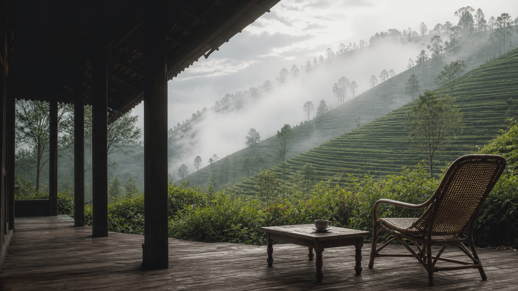 A chair and cup of tea on a verandah looking out over misted tea terraces