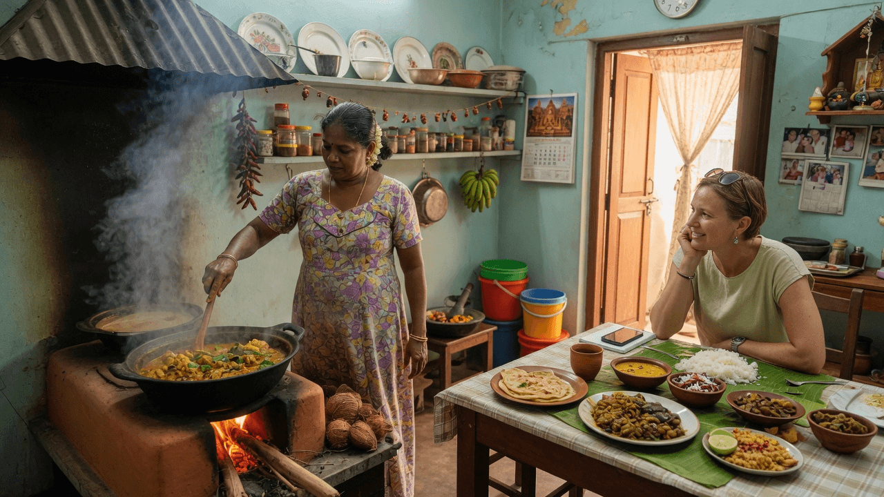 A home cook stirring curry while a guest watches at a kitchen table of Sri Lankan dishes