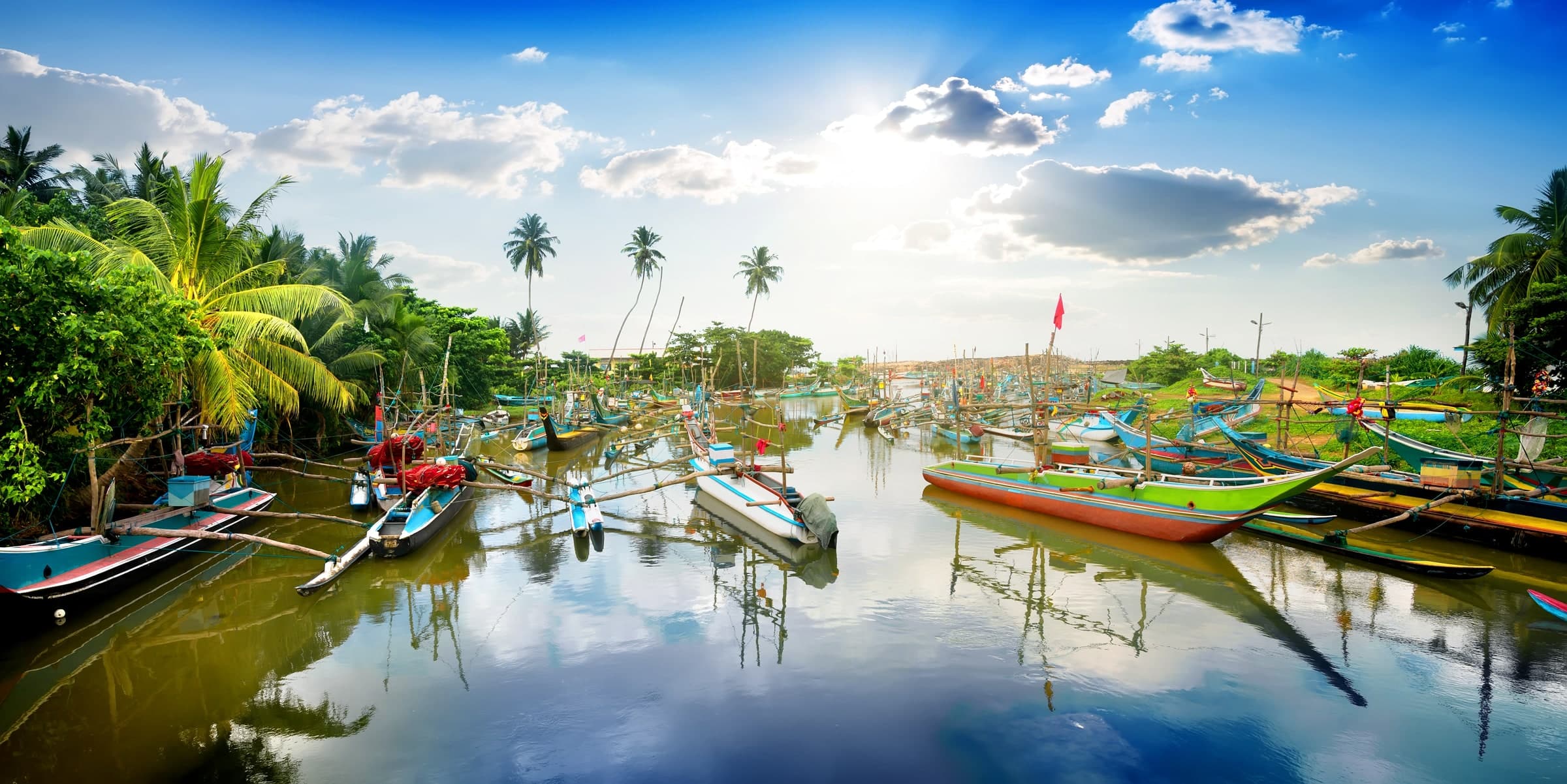 Colourful fishing boats moored in a tropical bay in Sri Lanka